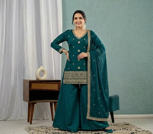 Women'S_Teal_Green_Embroidered_Kurta_Sharara_Set_With_Mal_Chanderi_Dupatta_Stitched