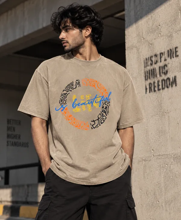 Beige_Cotton_Acid_Wash_Drop_Shoulder_Graphic_T_Shirt_For_Men