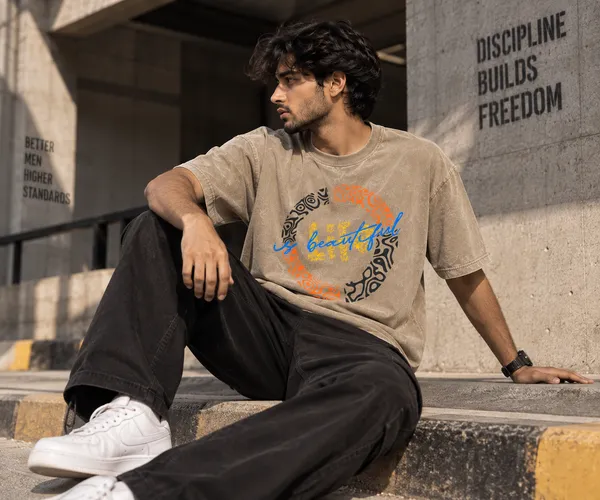 Beige_Cotton_Acid_Wash_Drop_Shoulder_Graphic_T_Shirt_For_Men