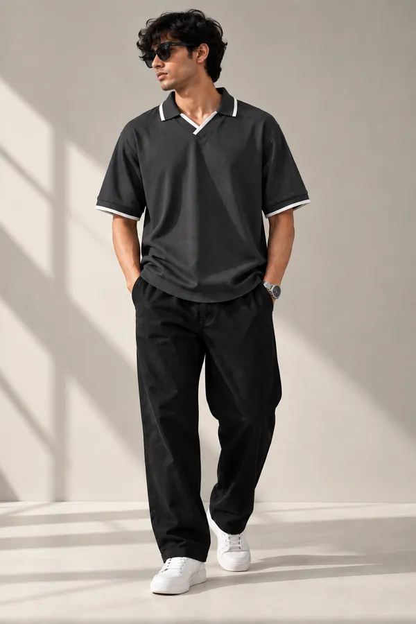 Dark_Grey_Jacquard_Contrast_Trim_Polo_T_Shirt_For_Men
