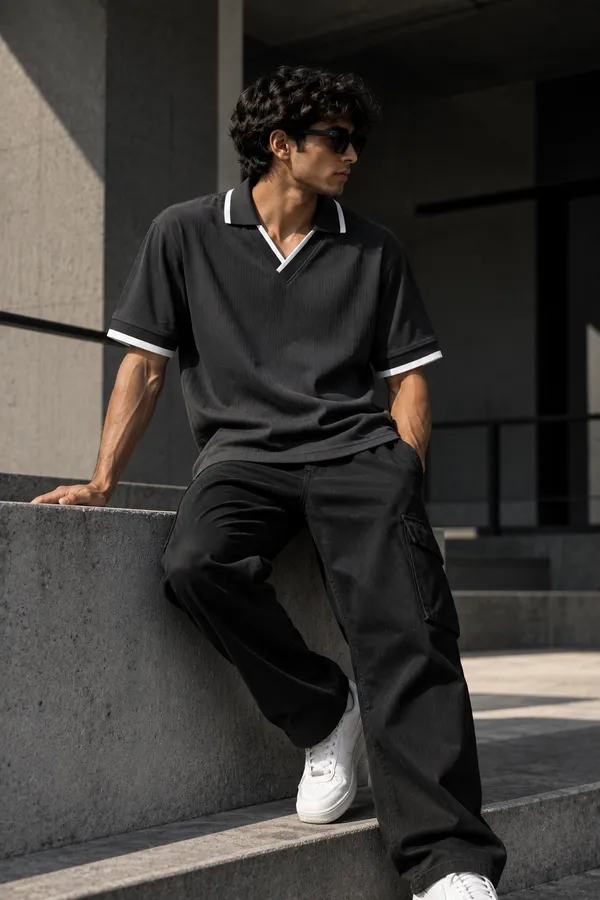 Dark_Grey_Jacquard_Contrast_Trim_Polo_T_Shirt_For_Men