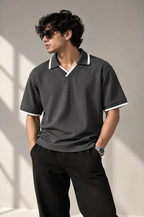 Dark_Grey_Jacquard_Contrast_Trim_Polo_T_Shirt_For_Men