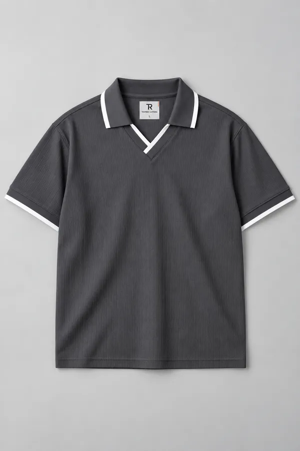Dark_Grey_Jacquard_Contrast_Trim_Polo_T_Shirt_For_Men