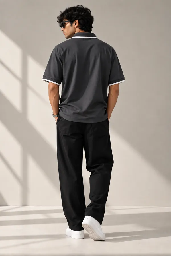 Dark_Grey_Jacquard_Contrast_Trim_Polo_T_Shirt_For_Men