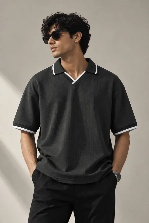 Black_Jacquard_Drop_Fit_Polo_T_Shirt_For_Men