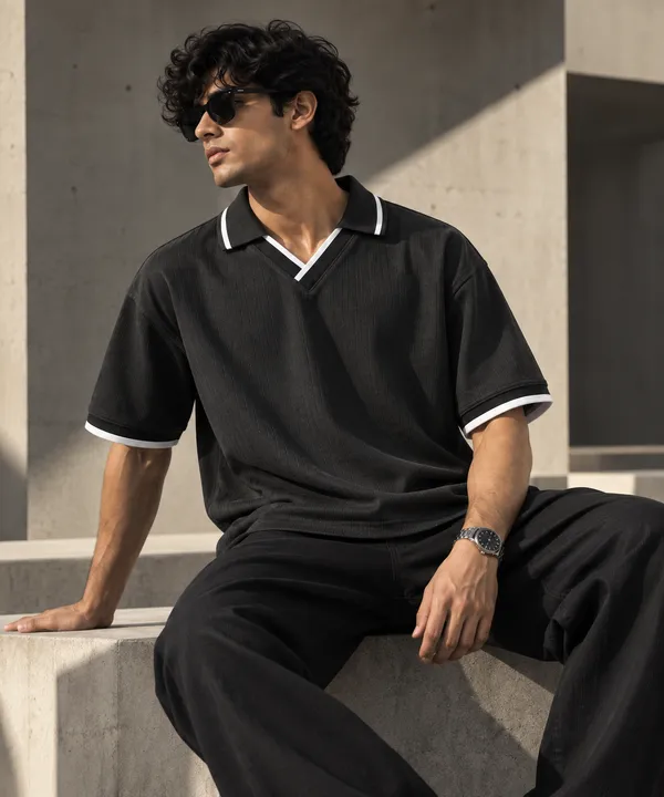 Black_Jacquard_Drop_Fit_Polo_T_Shirt_For_Men