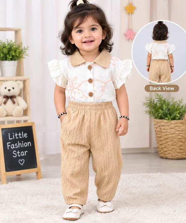 Cream_Chanderi_Printed_Ruffle_Top_And_Pants_Set_For_Girls