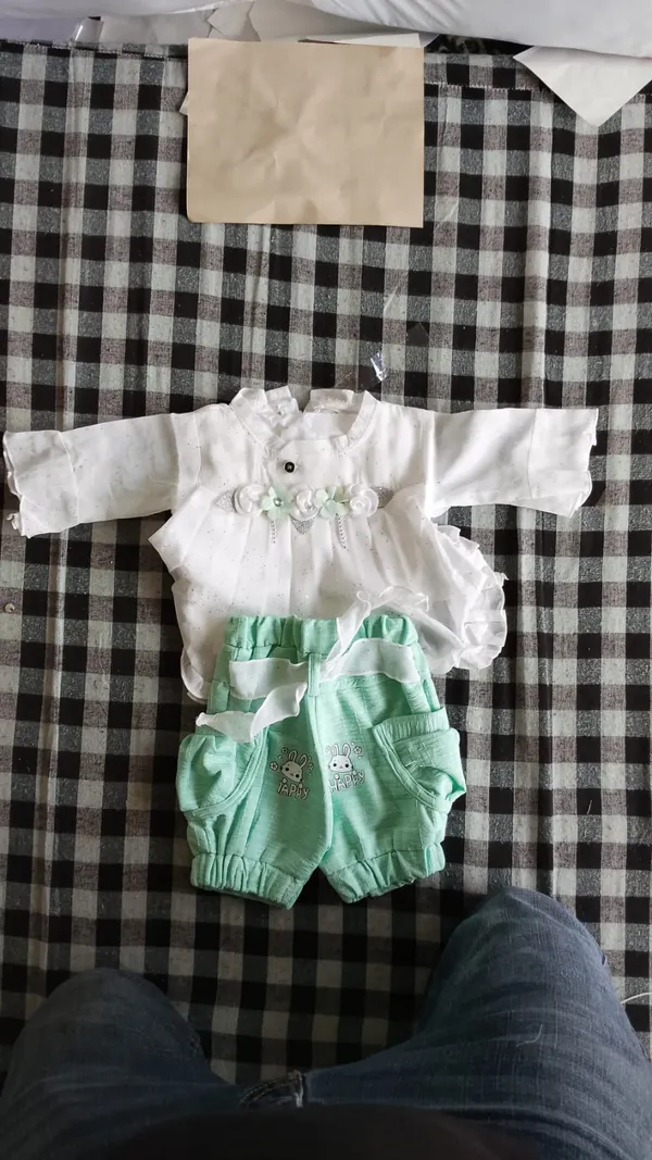 White_Green_Cotton_Blend_Ruffle_Party_Wear_Outfit_Set_For_Baby_Girls