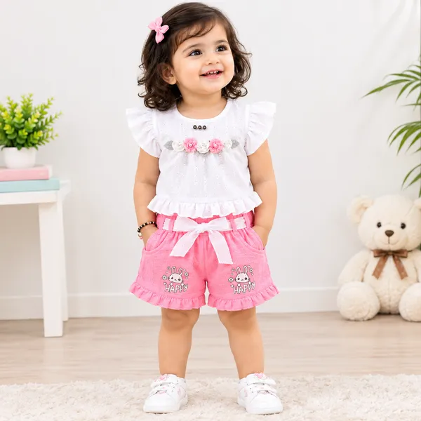 White_Pink_Organza_Ruffle_Top_And_Shorts_Set_For_Baby_Girls