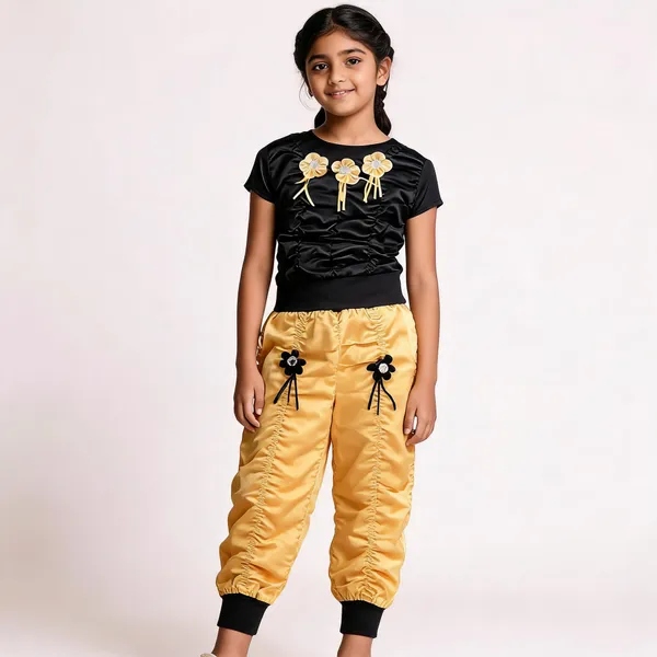 Black_Yellow_Knitted_Satin_Ruched_Floral_Jumpsuit_For_Baby_Girls