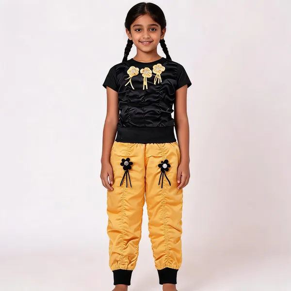 Black_Yellow_Knitted_Satin_Ruched_Floral_Jumpsuit_For_Baby_Girls