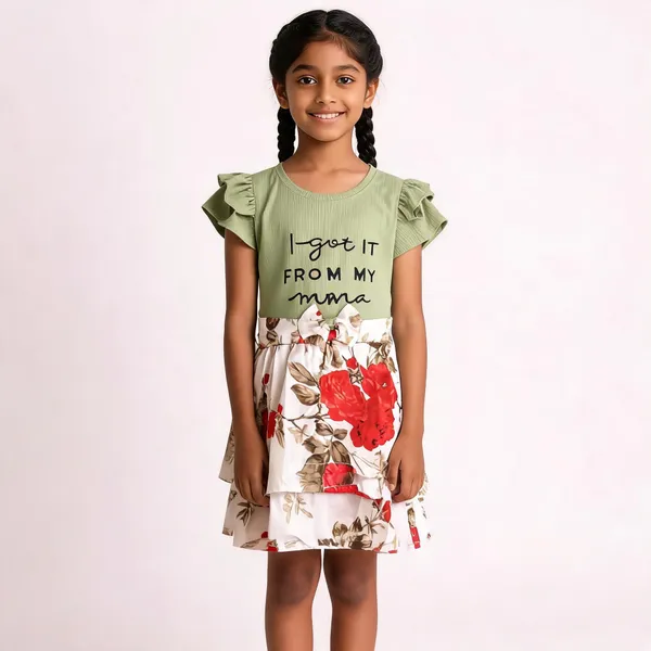 Green_White_Cotton_Blend_Ruffle_Sleeve_Floral_Dress_For_Girls