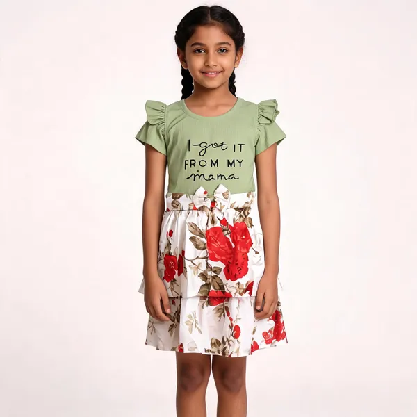 Green_White_Cotton_Blend_Ruffle_Sleeve_Floral_Dress_For_Girls