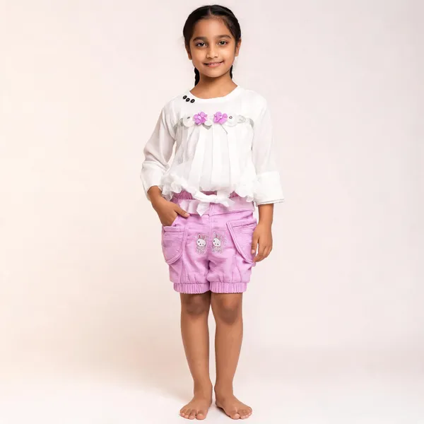 White_Pink_Silk_Cotton_Relaxed_Top_And_Shorts_Set_For_Baby_Girls