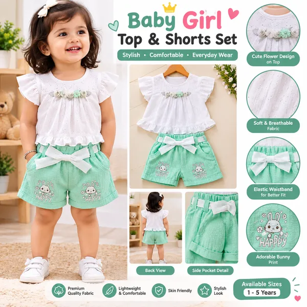White_Green_Cotton_Casual_Top_And_Shorts_Set_For_Girls