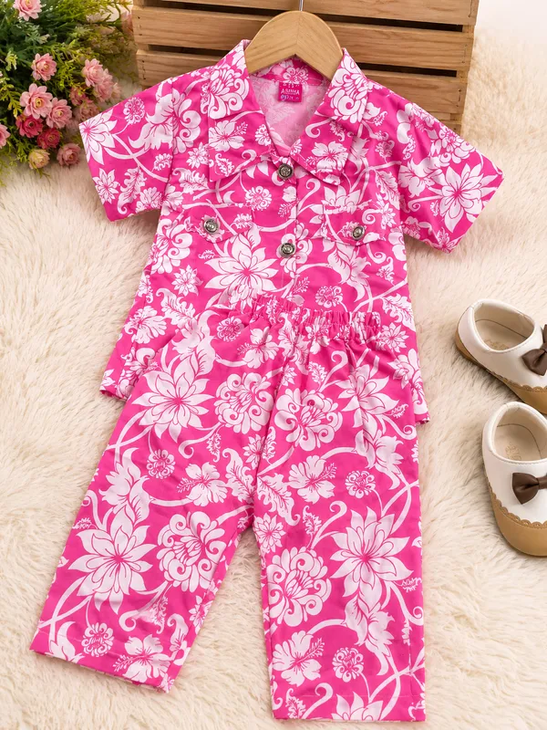 Pink_Cotton_Floral_Print_Short_Sleeve_Romper_For_Baby_Girls