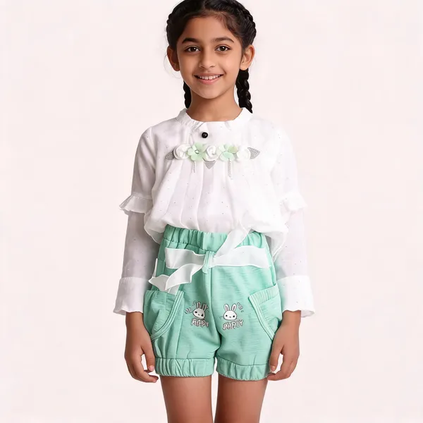 White_Green_Cotton_Blend_Ruffle_Party_Wear_Outfit_Set_For_Baby_Girls