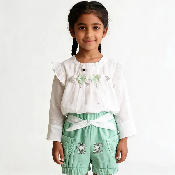 White_Green_Cotton_Blend_Ruffle_Party_Wear_Outfit_Set_For_Baby_Girls