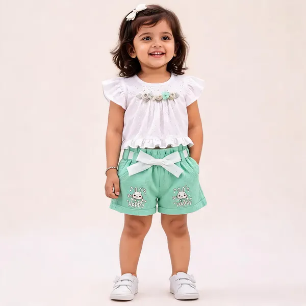 White_Green_Cotton_Casual_Top_And_Shorts_Set_For_Girls