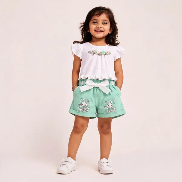 White_Green_Cotton_Casual_Top_And_Shorts_Set_For_Girls