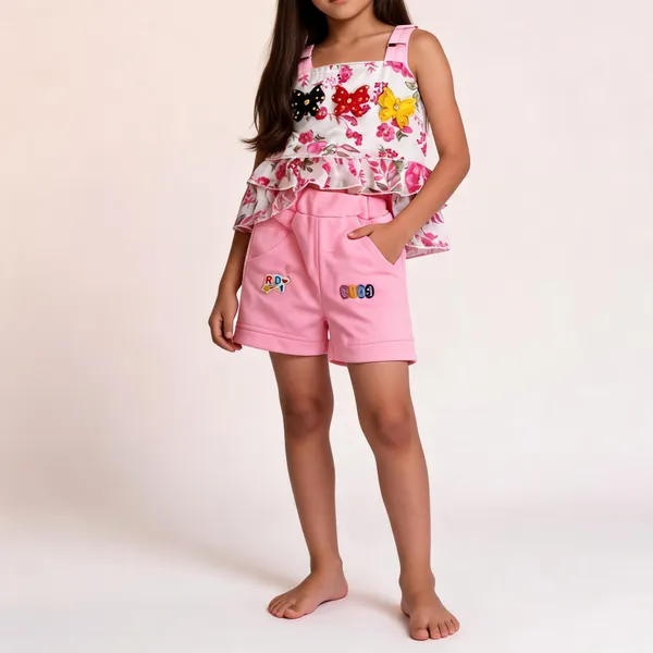Pink_Cotton_Sleeveless_Floral_Top_And_Shorts_Set_For_Baby_Girls