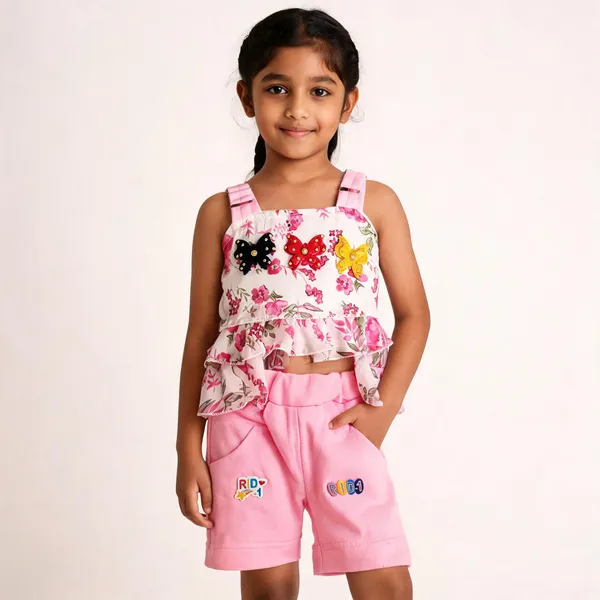Pink_Cotton_Sleeveless_Floral_Top_And_Shorts_Set_For_Baby_Girls
