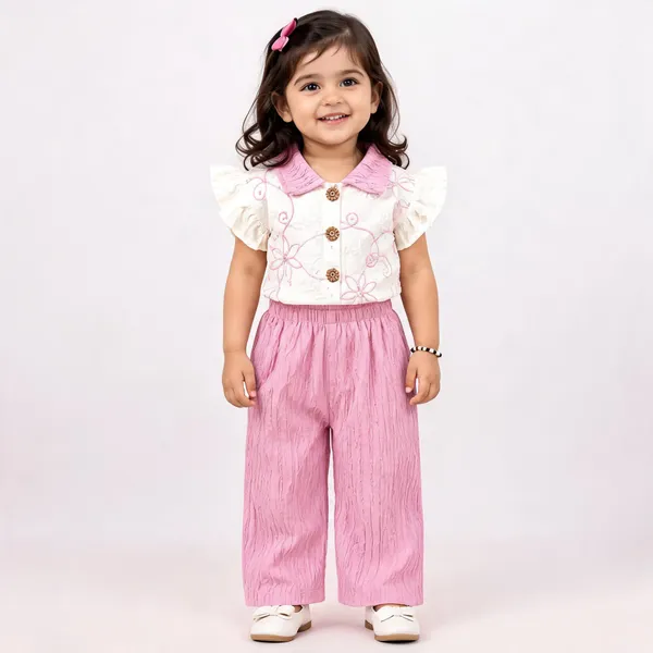 White_Pink_Cotton_Relaxed_Top_And_Pants_Set_For_Girls