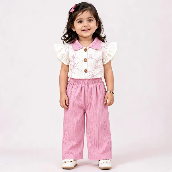 White_Pink_Cotton_Relaxed_Top_And_Pants_Set_For_Girls