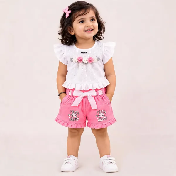 White_Pink_Organza_Ruffle_Top_And_Shorts_Set_For_Baby_Girls