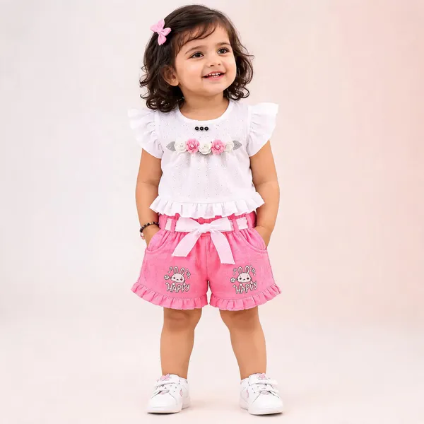 White_Pink_Organza_Ruffle_Top_And_Shorts_Set_For_Baby_Girls