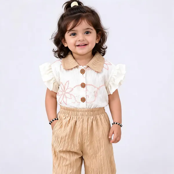 Cream_Chanderi_Printed_Ruffle_Top_And_Pants_Set_For_Girls