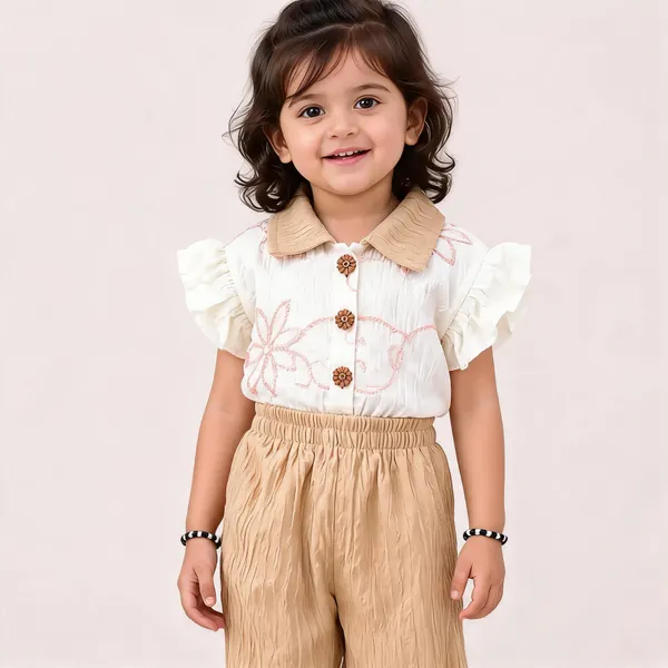 Cream_Chanderi_Printed_Ruffle_Top_And_Pants_Set_For_Girls