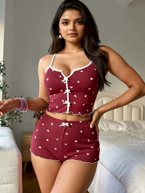 Brown_Heart_Ribbed_Short_Set_Maroon