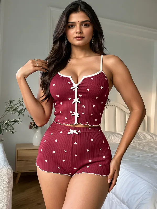 Brown_Heart_Ribbed_Short_Set_Maroon