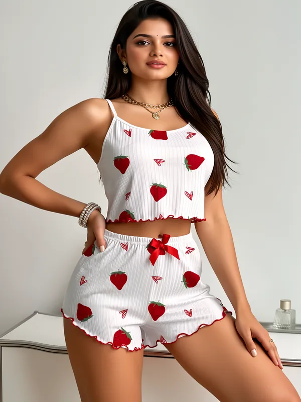 White_Strawberry_Ribbed_Night_Suit_White