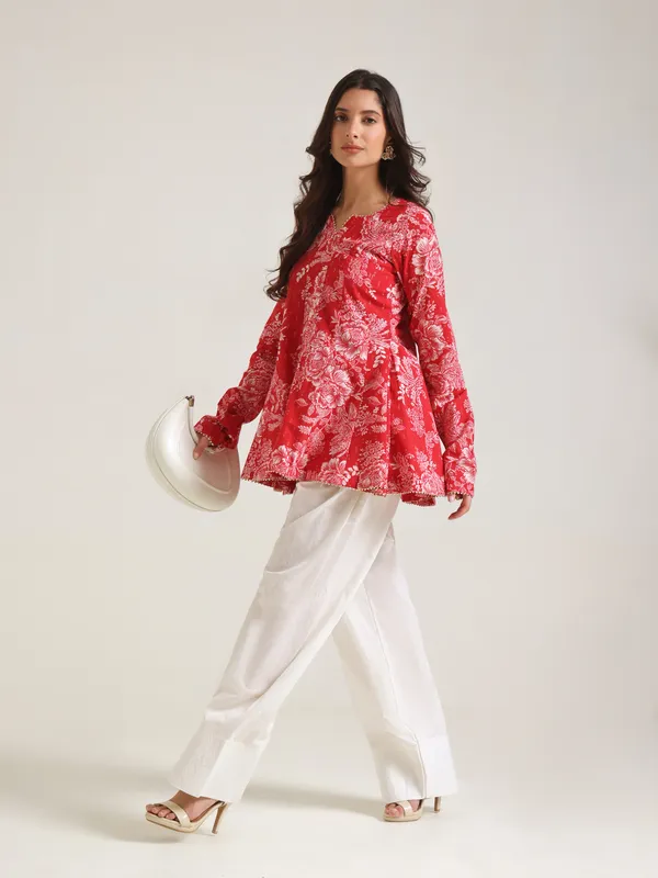 Red_Floral_Print_Flared_Kurta_Set_for_Women