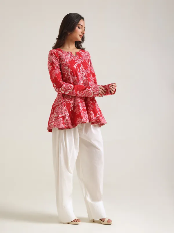 Red_Floral_Print_Flared_Kurta_Set_for_Women