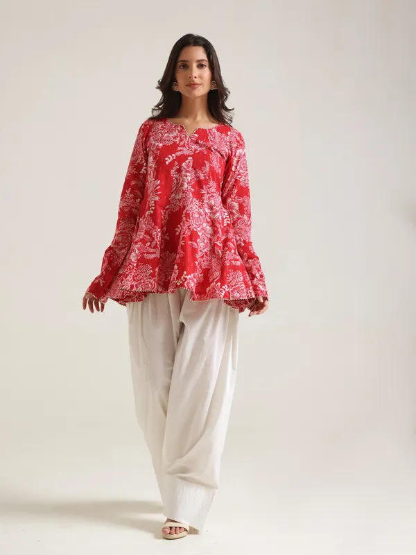 Red_Floral_Print_Flared_Kurta_Set_for_Women