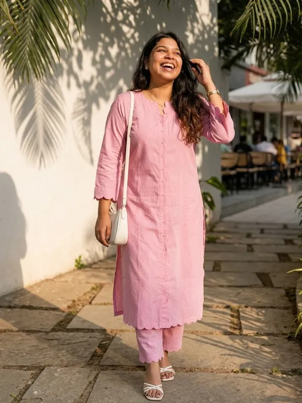 Pink_Cotton_Pearl_Detail_Three_Quarter_Sleeve_Kurta_Set_For_Women