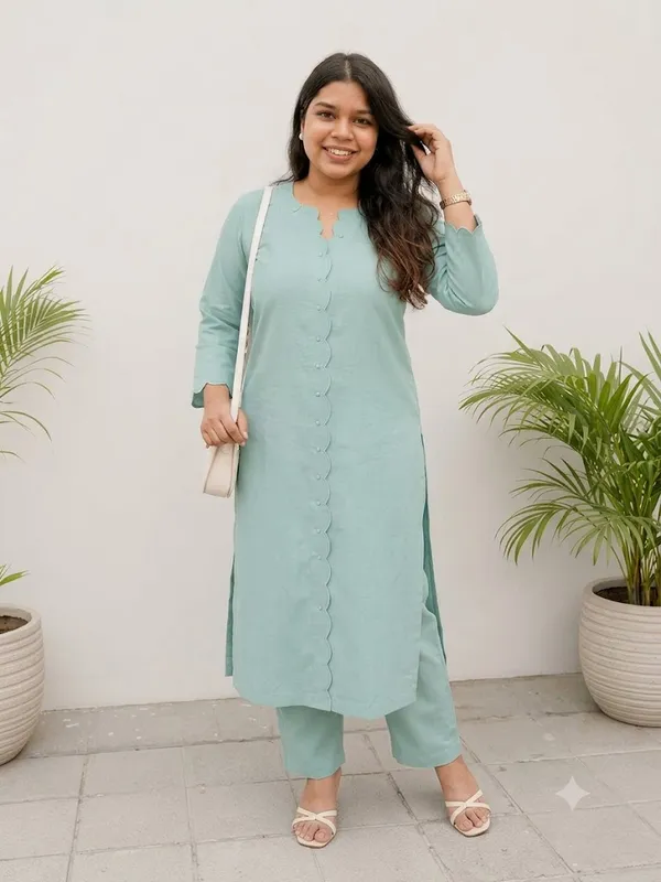 Blue_Cotton_Round_Neck_Pearl_Detail_Kurta_Set_For_Women