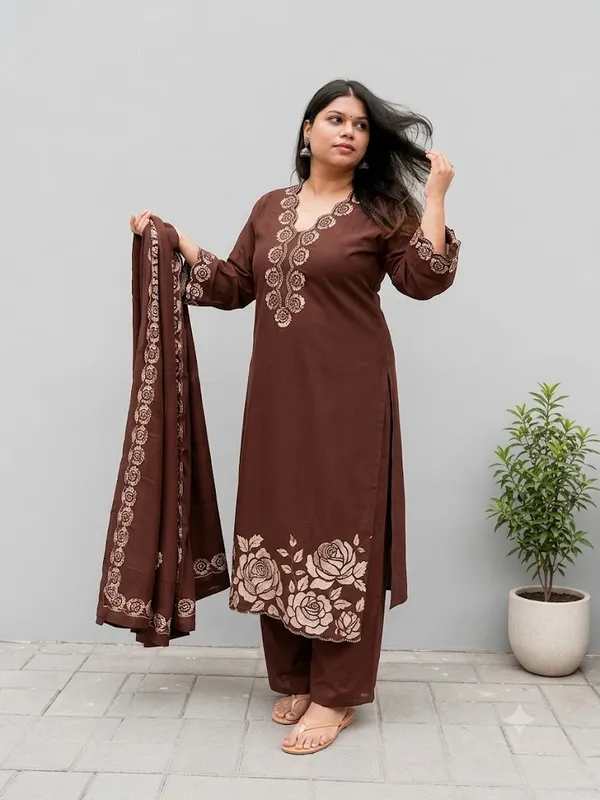 Brown_Cotton_Straight_Fit_Floral_Embroidery_Kurta_Set_For_Women