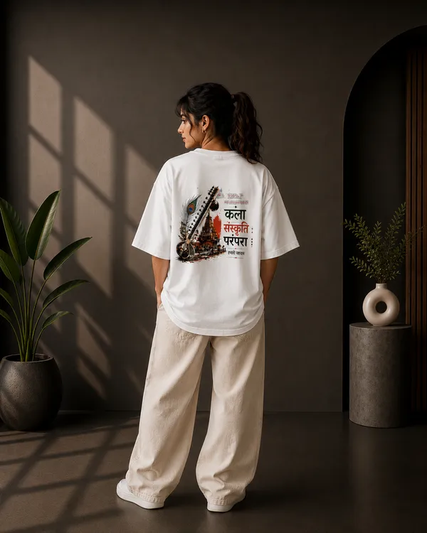 White_French_Terry_Oversized_Kala_Sanskruti_Parampara_Graphic_T-Shirt_For_Unisex