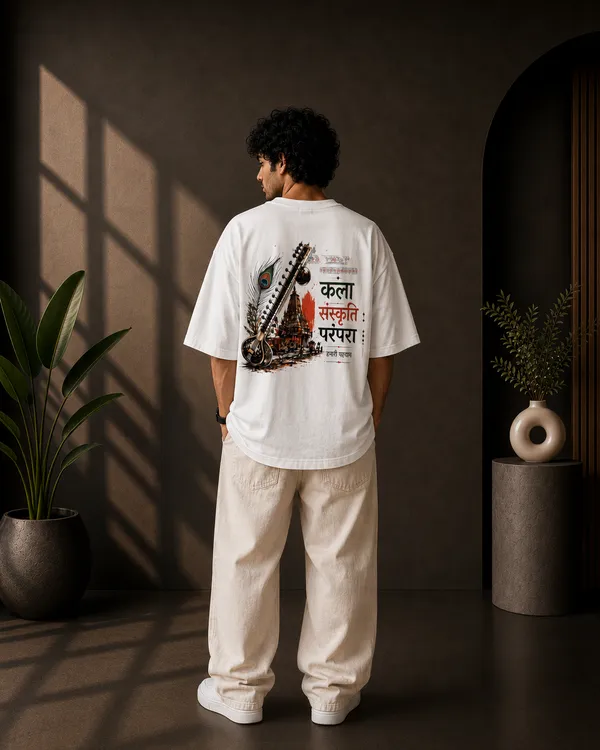 White_French_Terry_Oversized_Kala_Sanskruti_Parampara_Graphic_T-Shirt_For_Unisex