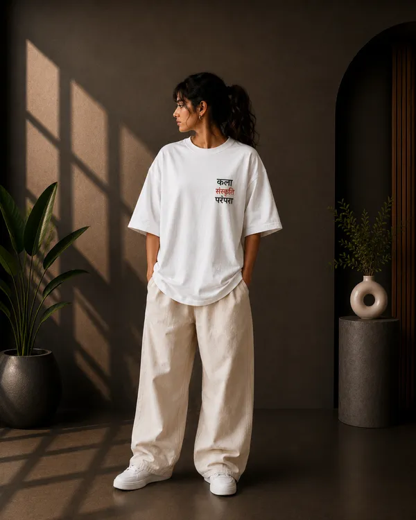 White_French_Terry_Oversized_Kala_Sanskruti_Parampara_Graphic_T-Shirt_For_Unisex