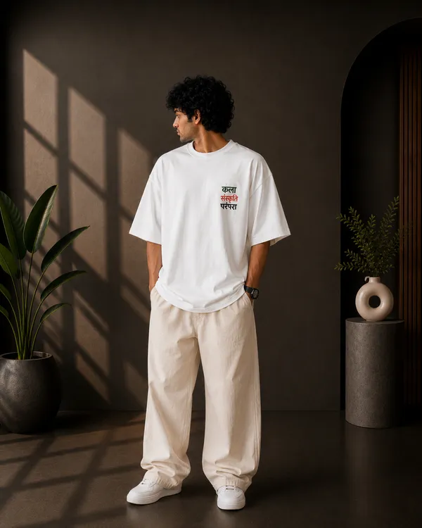 White_French_Terry_Oversized_Kala_Sanskruti_Parampara_Graphic_T-Shirt_For_Unisex