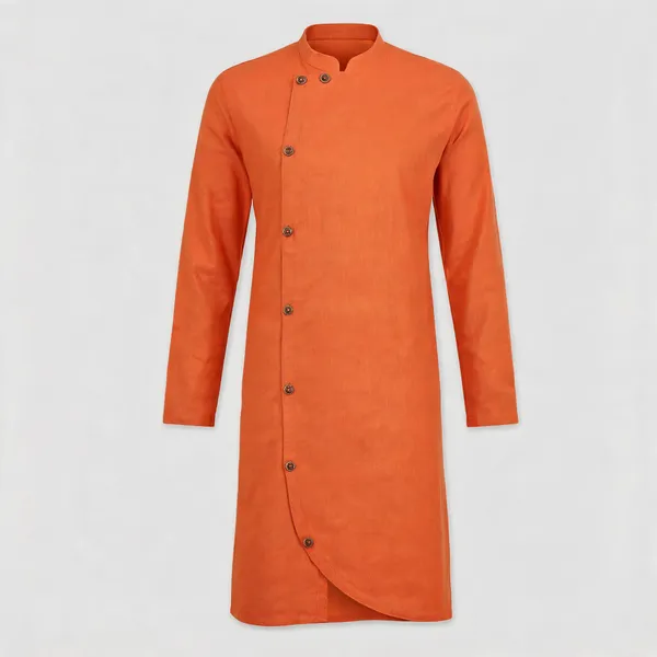 Orange_Cotton_Relaxed_Fit_Mandarin_Collar_Kurta_For_Men