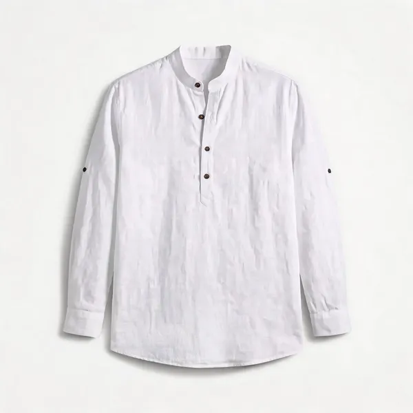 White_Navy_Blue_Linen_Relaxed_Fit_Mandarin_Collar_Shirt_For_Men