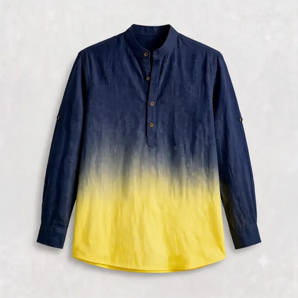 Navy_Blue_Yellow_Linen_Relaxed_Fit_Mandarin_Collar_Shirt_For_Men