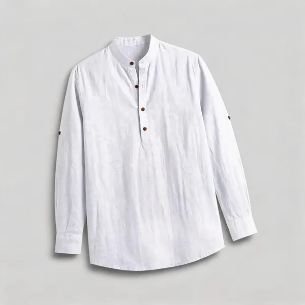White_Black_Linen_Relaxed_Fit_Mandarin_Collar_Shirt_For_Men