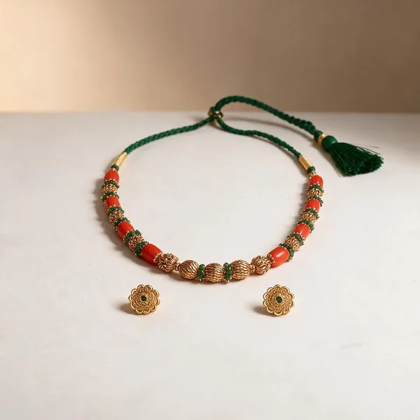 Coral_&_Emerald_Beaded_Floral_Necklace_Set